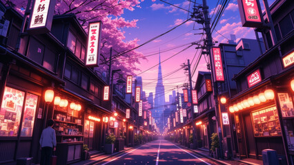 Naklejka premium anime wallpaper japanese tokyo city architecture illustration background