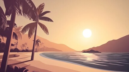 Tropical sunset beach, palm trees, ocean, mountains, travel postcard