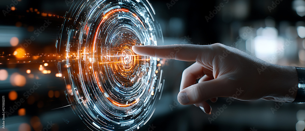 Poster touching the future digital interaction with technology interface modern workspace digital art dynam