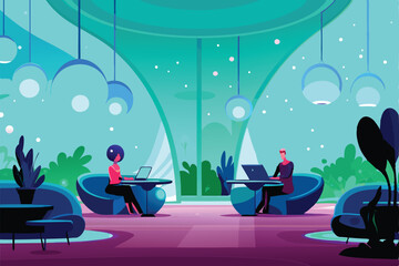 Design a futuristic coworking space with bright alien-themed decor, sleek furniture, and vibrant colors.  Include holographic elements and comfortable seating.