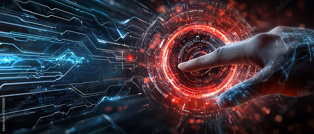 Poster futuristic interaction with digital elements virtual reality environment conceptual visualization dy