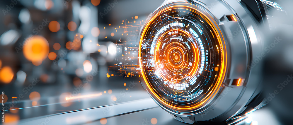 Poster exploring futuristic technology innovations in a high-tech environment with dynamic visual elements