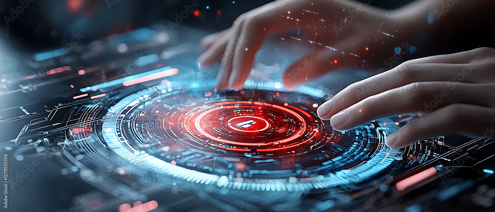 Poster futuristic technology interface interaction digital workspace visual representation virtual environm