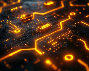 Obraz premium A futuristic circuit board-style abstract with intricate neon yellow detailing