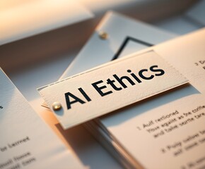 black and white stock photo A white label with bold black AI Ethics text on a stack of white papers.  Soft, even lighting, shallow depth of field, blurred gray background. 