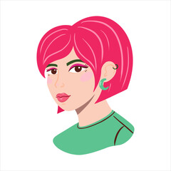 Cartoon portrait of a young woman with short pink hair and piercing in a ear. Hand drawn vector portrait of a cute girl. Cherry female style avatar. Women's day.
