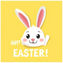 Obraz premium Cute cartoon Easter bunny with Happy Easter text on yellow background. AI generated image