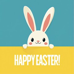 Fototapeta premium Cute cartoon Easter bunny with Happy Easter text on yellow background. AI generated image
