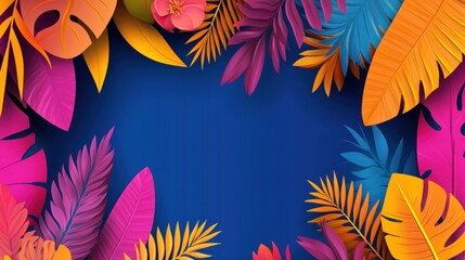 Vibrant tropical leaves frame, summer, blue background, design template