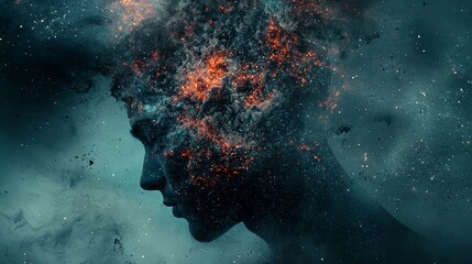 Abstract Portrait with Cosmic Explosion and Vivid Colors in Background
