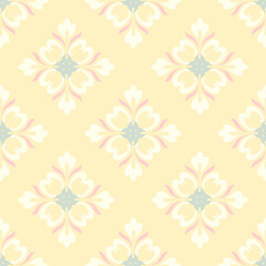 Yellow pastel damask seamless pattern with decorative elements. Idea for wallpaper, pattern fills, tiles, pottery, web page background, and surface textures. 