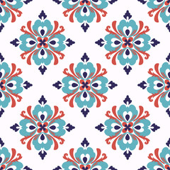 Blue and red damask seamless pattern with decorative flowers. Portuguese tile azulejo. Vector illustration. Idea for tiles, pottery, textiles, and home decor. Mediteranian style.