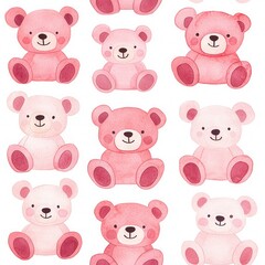Seamless illustration of watercolor animals. A cute, pastel-themed pattern featuring various cartoon teddy bears in shades of pink, perfect for children's decor or craft projects.