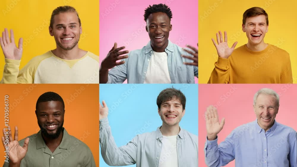 Poster a joyful collection of individuals from various backgrounds smiling and waving with enthusiasm. the 