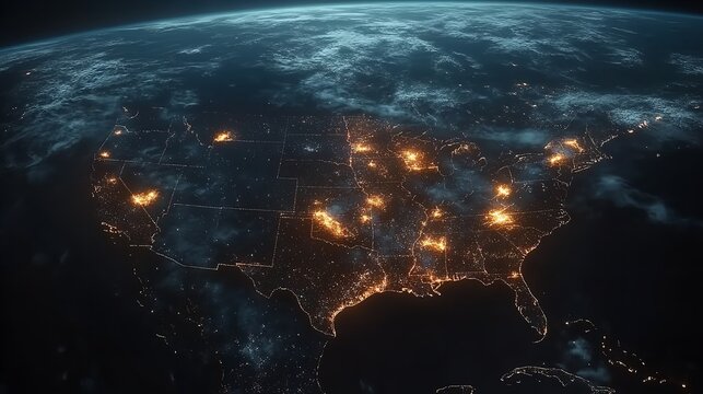 Nighttime Map of United States Highlighting Urban Light Pollution
