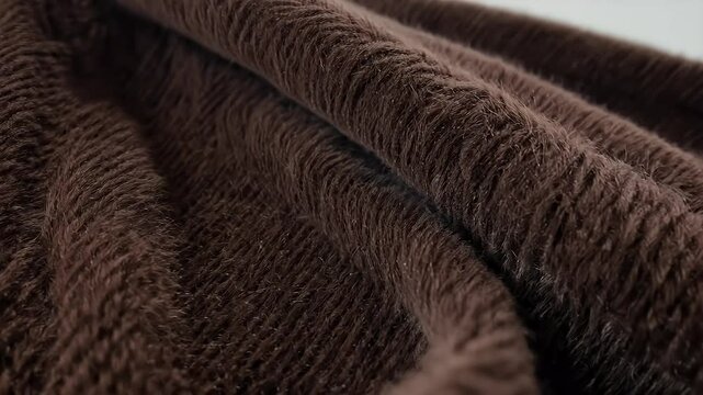 Detailed 4K Ultra HD footage highlighting soft texture dark polar fleece fabric showing synthetic fibers' warm cozy structure perfect blankets winter clothing
