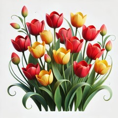 Obraz premium Red and yellow tulips with green leaves in digital artwork. Botanical floral illustration with elegant petals and decorative design