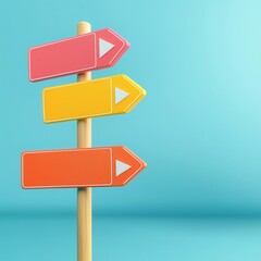 learning direction vacation concept. Colorful directional signs on a wooden post against a blue background.
