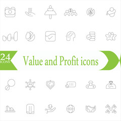 Value and Profit icons set. Outline illustration of icons. .Core values line icons. Integrity. Vision, Social Responsibility, .Commitment, Personal Growth, vector line