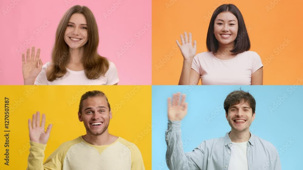 Poster a cheerful collection of four individuals from different backgrounds waving and greeting. each perso