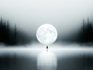 An enchanted lake under a glowing full moon, mist rising from the water, soft blue and silver tones, otherworldly reflections, a mysterious robed figure holding a lantern, fantasy atmosphere,