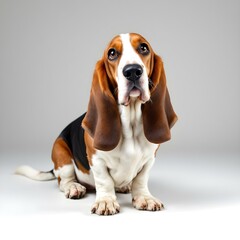 Basset hound sitting and looking away from the camera