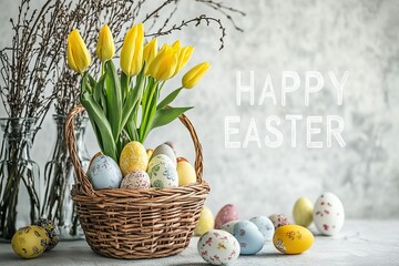 Easter basket with colorful eggs and yellow tulips on white background. AI generated image