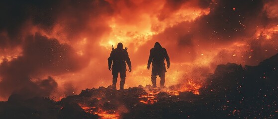 dramatic showdown between two warriors on a volcanic peak with lava bubbling around them and a red sky above, Generative AI
