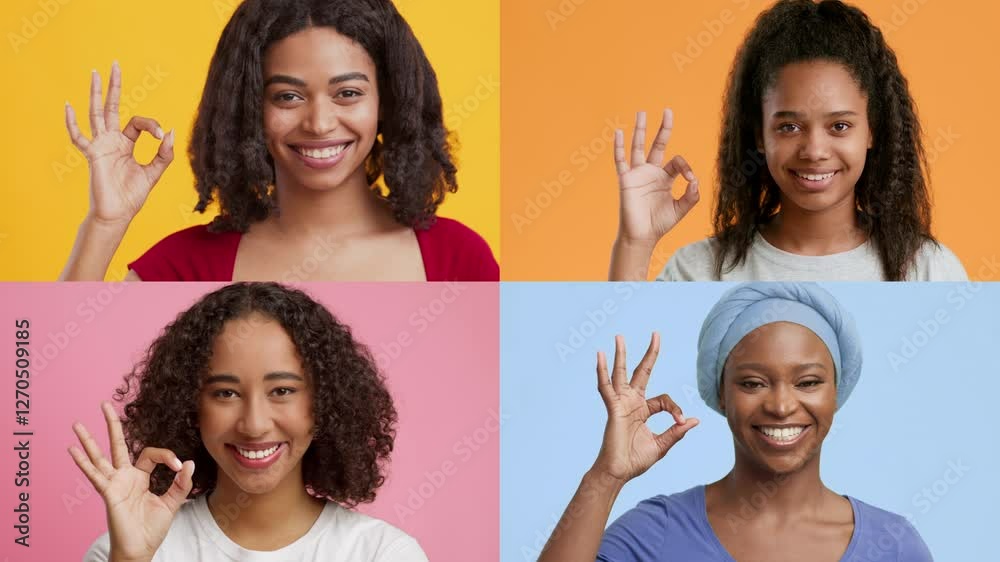 Poster four women of different backgrounds joyfully display the okay gesture against colorful backgrounds. 