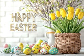 Easter basket with colorful eggs and yellow tulips on white background. AI generated image