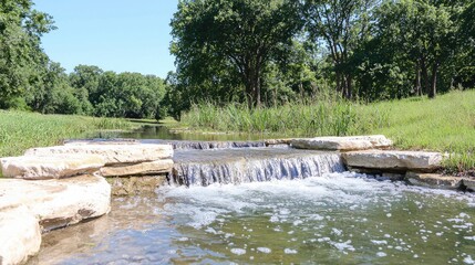Creek waterfall flowing through landscaped area.  Possible use Nature photography