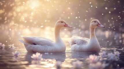 Obraz premium White geese pond sunset spring blossoms romance