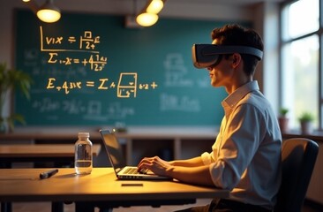 Student engages in virtual reality learning with equations on chalkboard in modern classroom setting