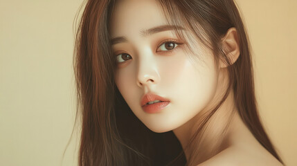 Fototapeta premium Beautiful young asian woman with clean fresh skin on beige background, Face care, Facial treatment, Cosmetology, beauty and spa, Asian women portrait.