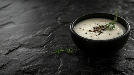 Creamy cauliflower soup in rustic black bowl garnished with herbs and spices, set against dark stone background. perfect dish for comfort and warmth