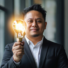 Business professional holds light bulb symbolizing innovation in modern office setting