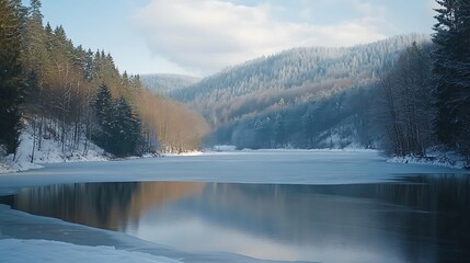 Winter landscape serene frozen lake nestled in snow covered mountains