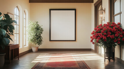 A large white frame with a red rose tree in the background. The room is empty and has a minimalist design.