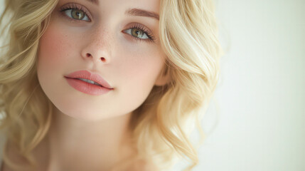 Naklejka premium A woman with blonde hair and a pinkish tint to her lips. She has a smile on her face.
