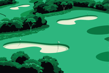 Create an isometric illustration of a miniature golf course, showcasing multiple holes with varied obstacles and landscaping elements.  Include vibrant colors and clear, defined lines.