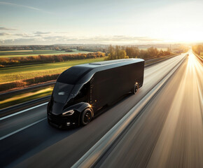 Sleek electric truck driving on a highway at sunset with rolling hills in the background