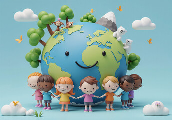 Naklejka premium Happy kids around the world with a cute earth globe . Generative AI