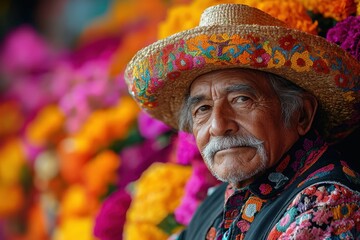 Fototapeta premium Portrait of an Elderly Mexican Man in Traditional Embroidered Hat Amidst Vibrant Flowers