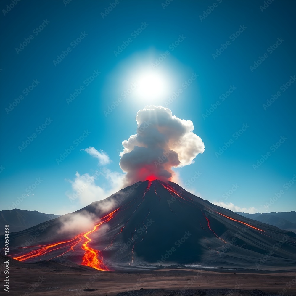 Wall mural a high-resolution image of a volcano erupting in the middle of a clear blue sky, with the massive pl
