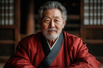 Portrait of a Dignified Elderly Asian Man in Traditional Hanbok Clothing