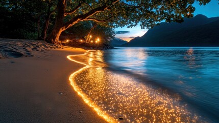 Tropical beach at twilight, lit by golden light, with dinner on the shore