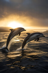 Obraz premium Two dolphins jump gracefully over ocean waves at sunset, creating a stunning silhouette against the golden sky.