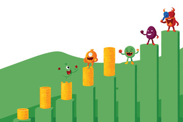 A surreal illustration of monstrous creatures scaling a precarious ladder constructed from gold coins, symbolizing ambition and greed.