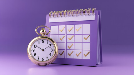 Gold pocket watch and purple calendar with marked checkboxes symbolizing time management and productivity planning.
