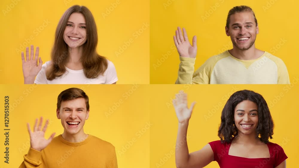 Poster four people from different backgrounds are joyfully waving their hands to greet others. they display